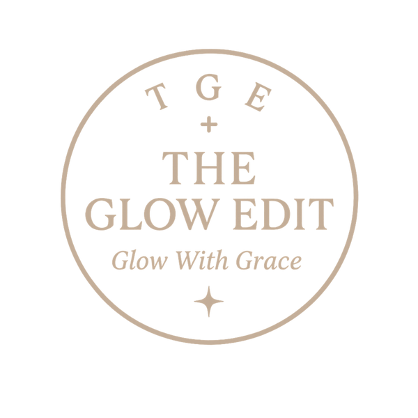 Logo for 'The Glow Edit' with 'TGE' and 'Glow With Grace' text on a white background.